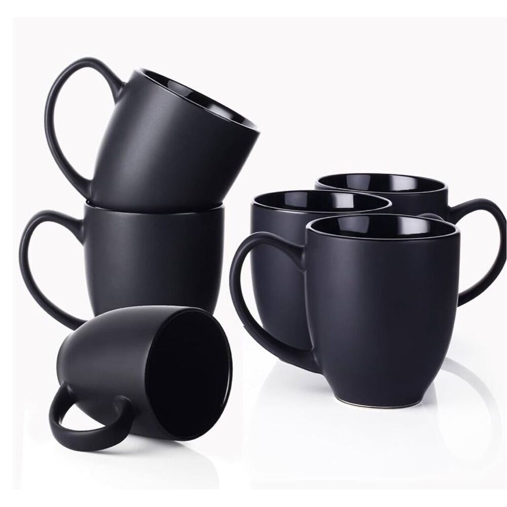 NEW Black Large Coffee Mugs Set of 6, 16 oz Ceramic Coffee Cups Large Handles